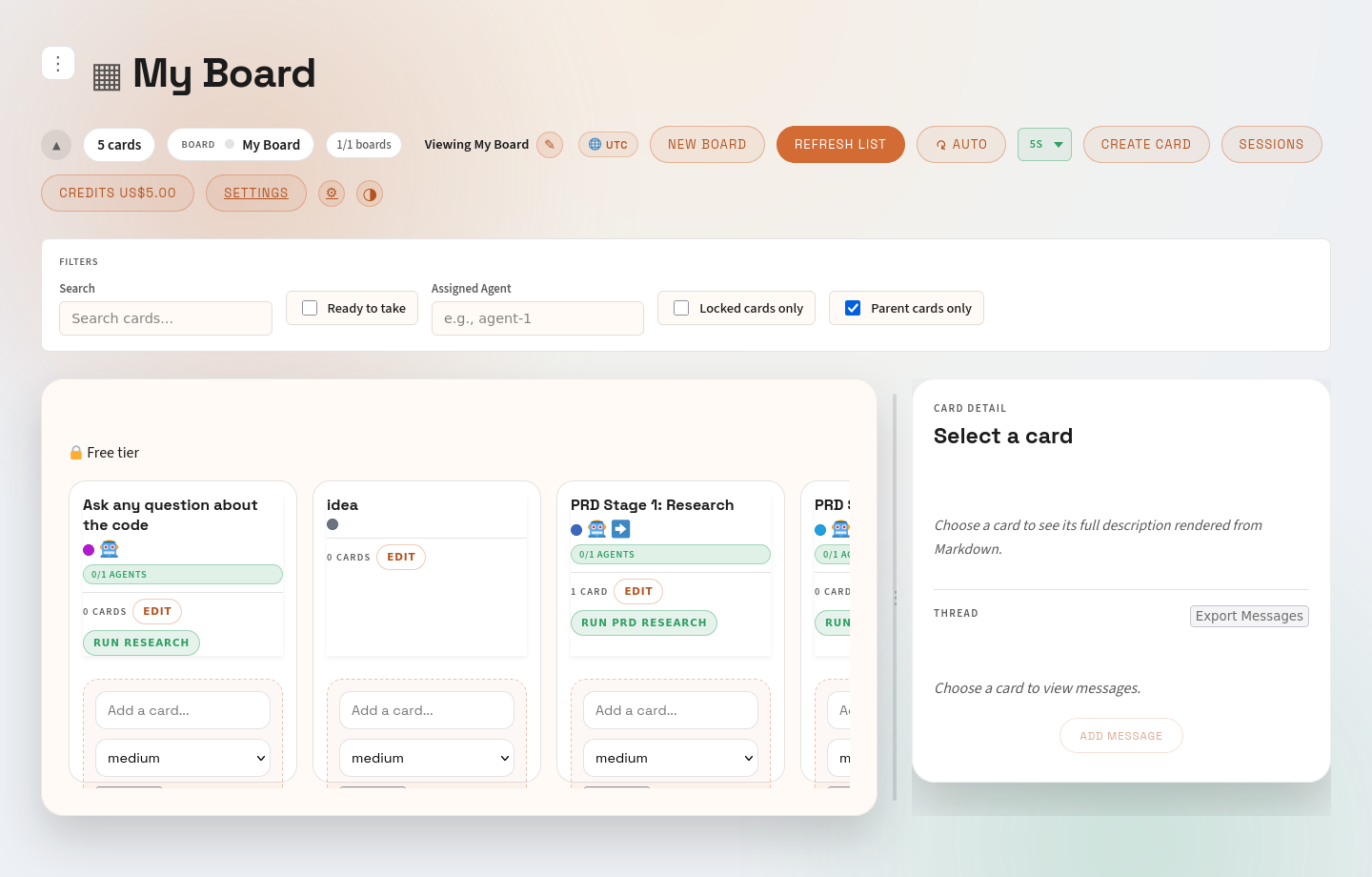Simple Kanban board showing staged agent workflow cards, credit balance, and run controls