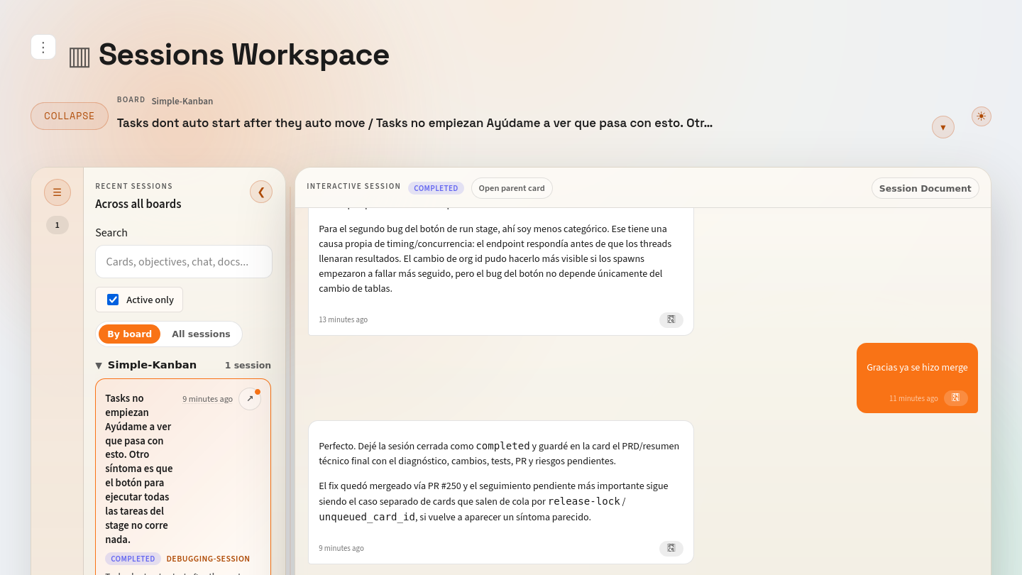 Simple Kanban sessions workspace showing an interactive session chat and session document workflow